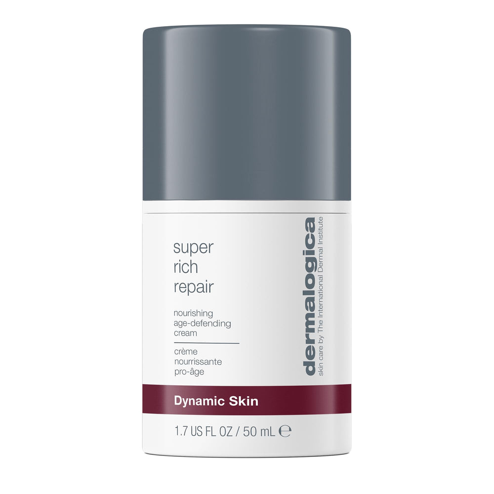 Dermalogica Super Rich Repair jar close-up showing rich texture for dry skin hydration.