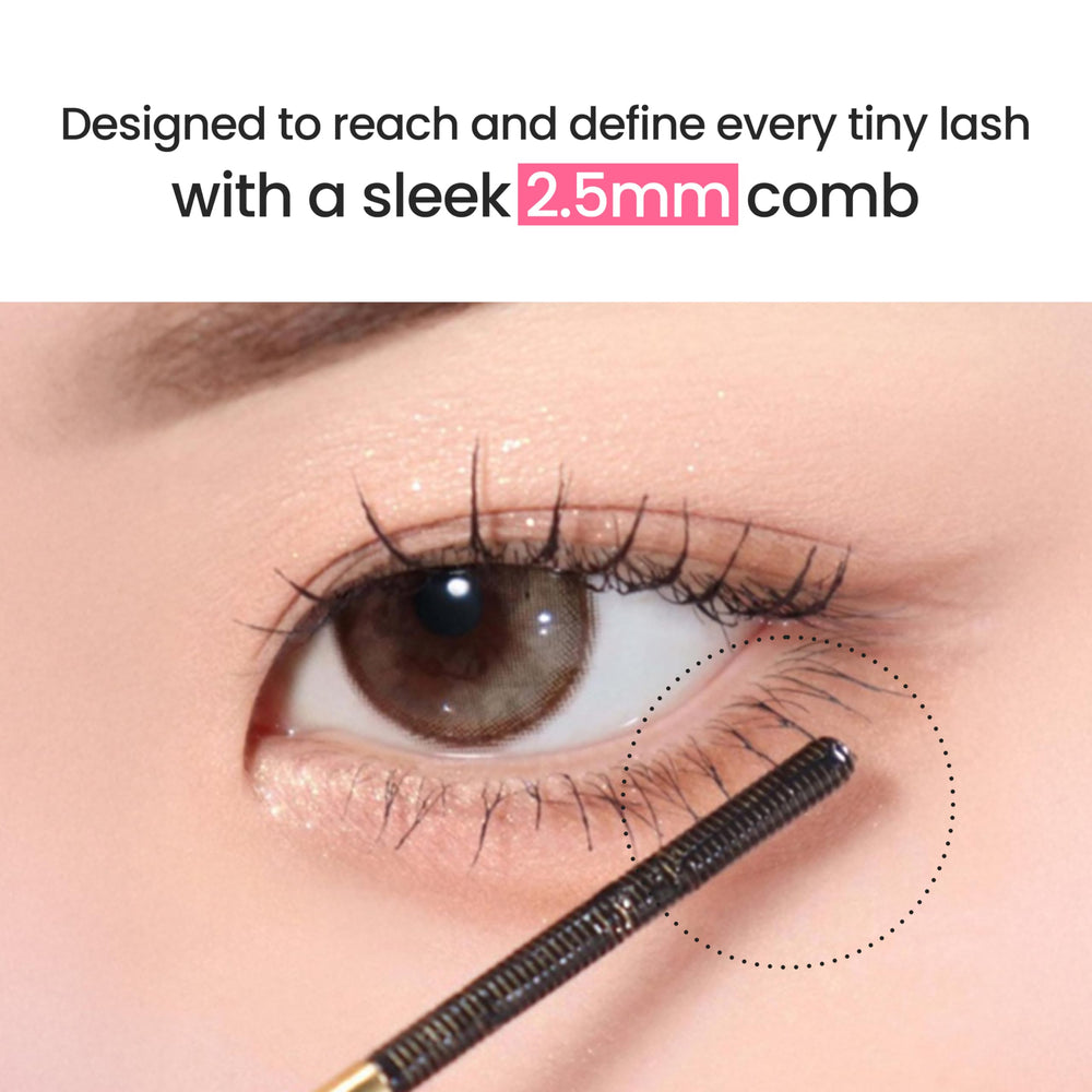 DERMALOGY Mascara brush with 50-degree dents demonstrated for precise application.