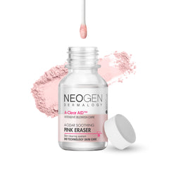 DERMALOGY A-Clear borrador rosado, frente del frasco, cuidado puntual para espinillas
