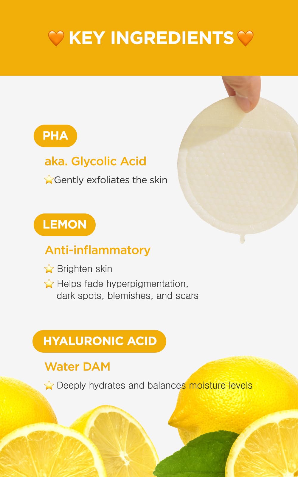 Hyaluronic acid and PHA components illustrated for hydration and exfoliation.