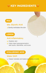 Hyaluronic acid and PHA components illustrated for hydration and exfoliation.