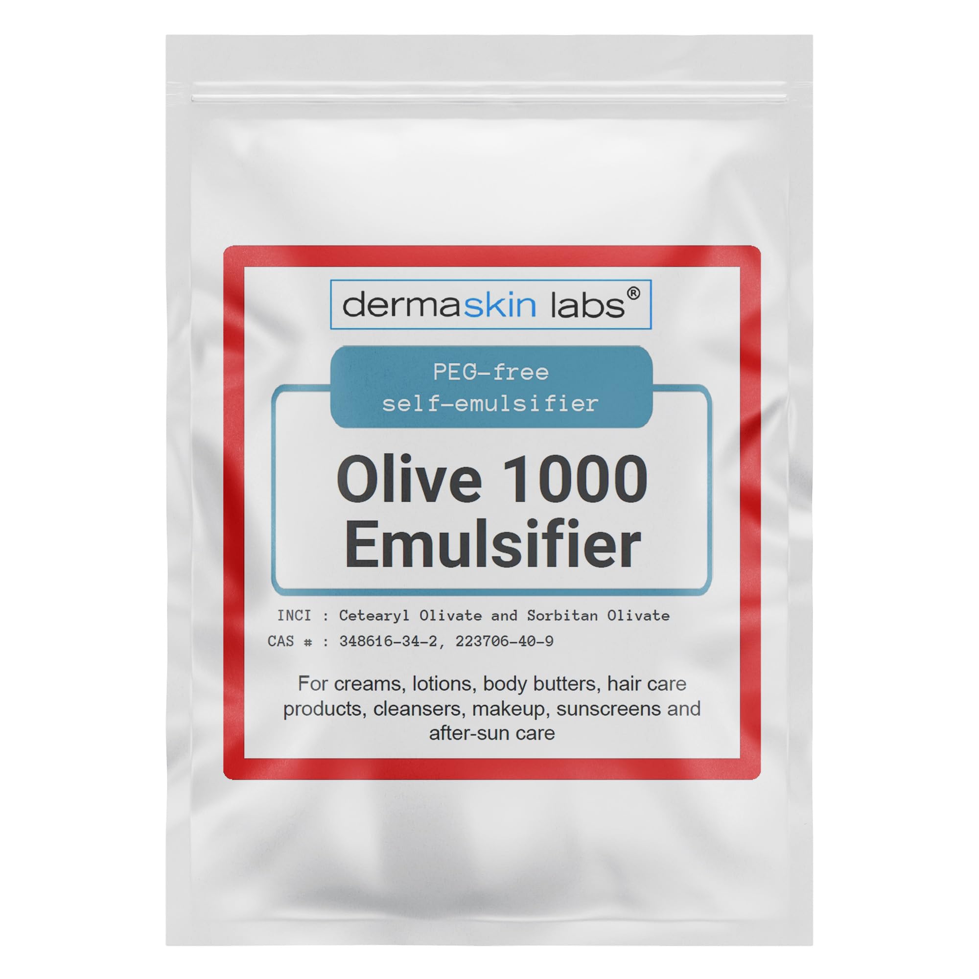 Dermaskin Labs Olive 1000 Emulsifier bottle demonstrates a clean, plant-based formula for stable emulsions.