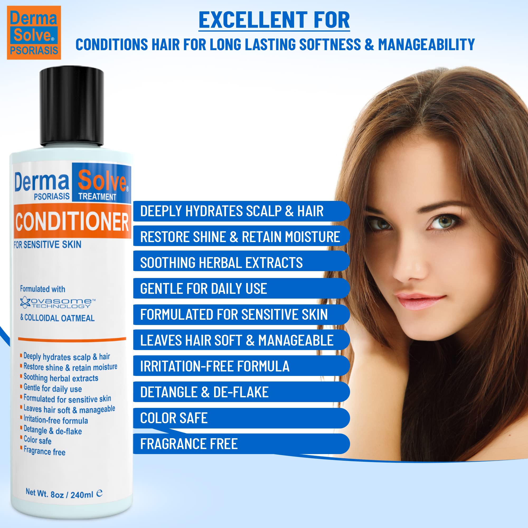 Dermasolve product packaging close-up highlights Ovasome technology nourishing the scalp.
