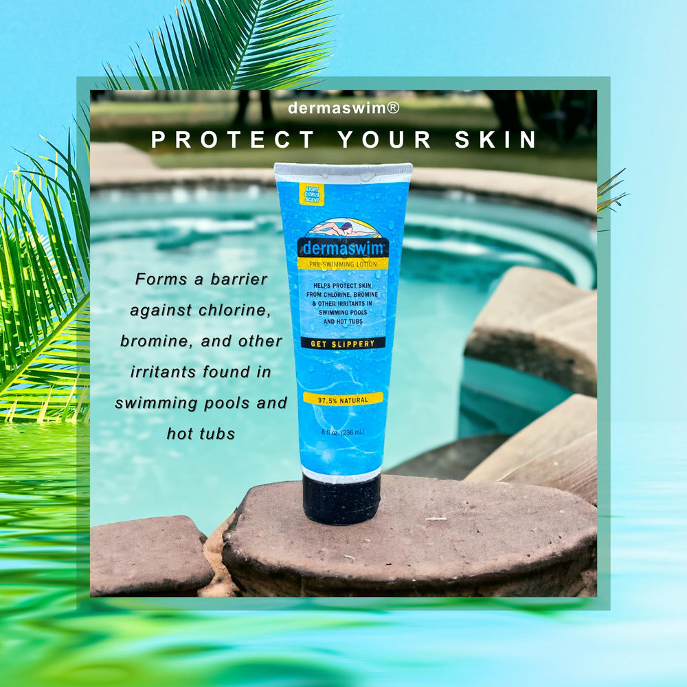 DermaSwim loción pre-nado, etiqueta clara y natural para piel más suave.