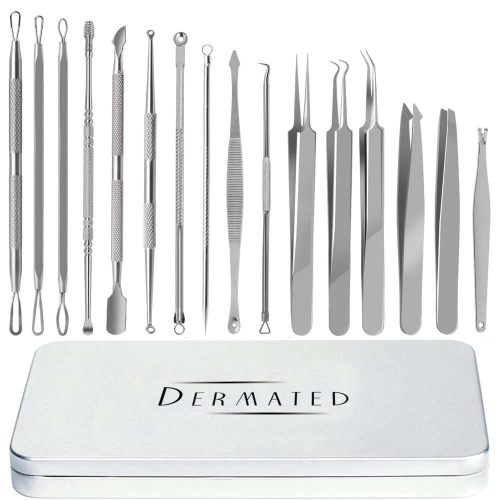 DERMATED 16-piece blackhead remover tools set for precise extraction and hygiene.