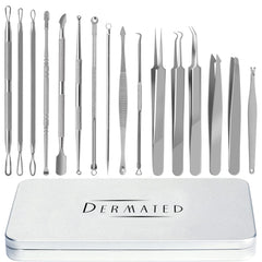 DERMATED 16-piece blackhead remover tools set for precise extraction and hygiene.