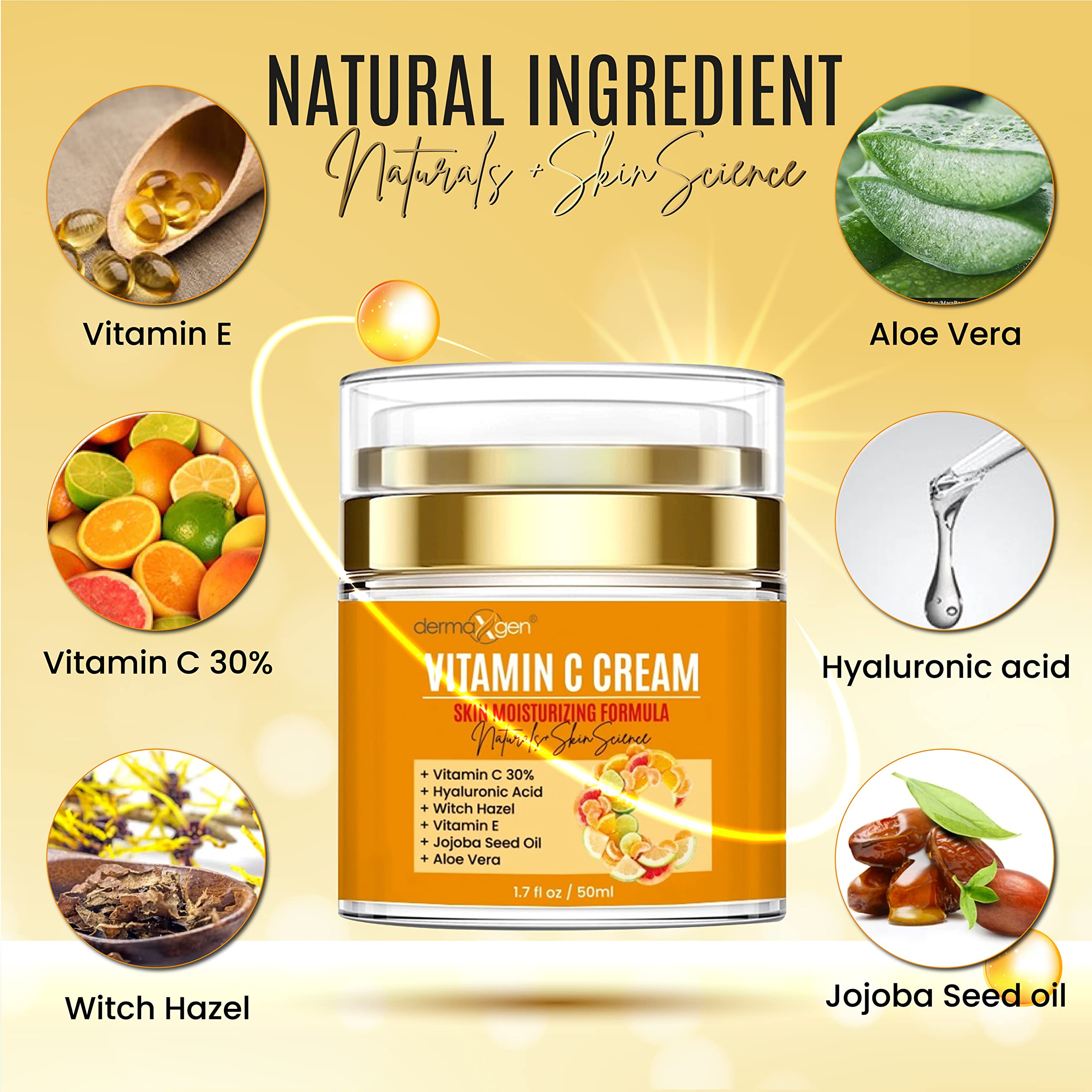 DERMAXGEN ácido hialurónico y ingredientes clave, ofrece hidratación profunda.