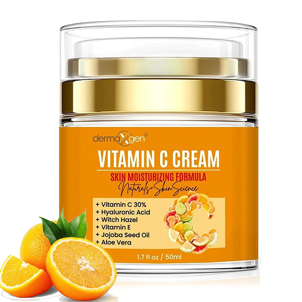 DERMAXGEN crema vitamina C orgánica en frasco, aporta luminosidad y frescura diaria.