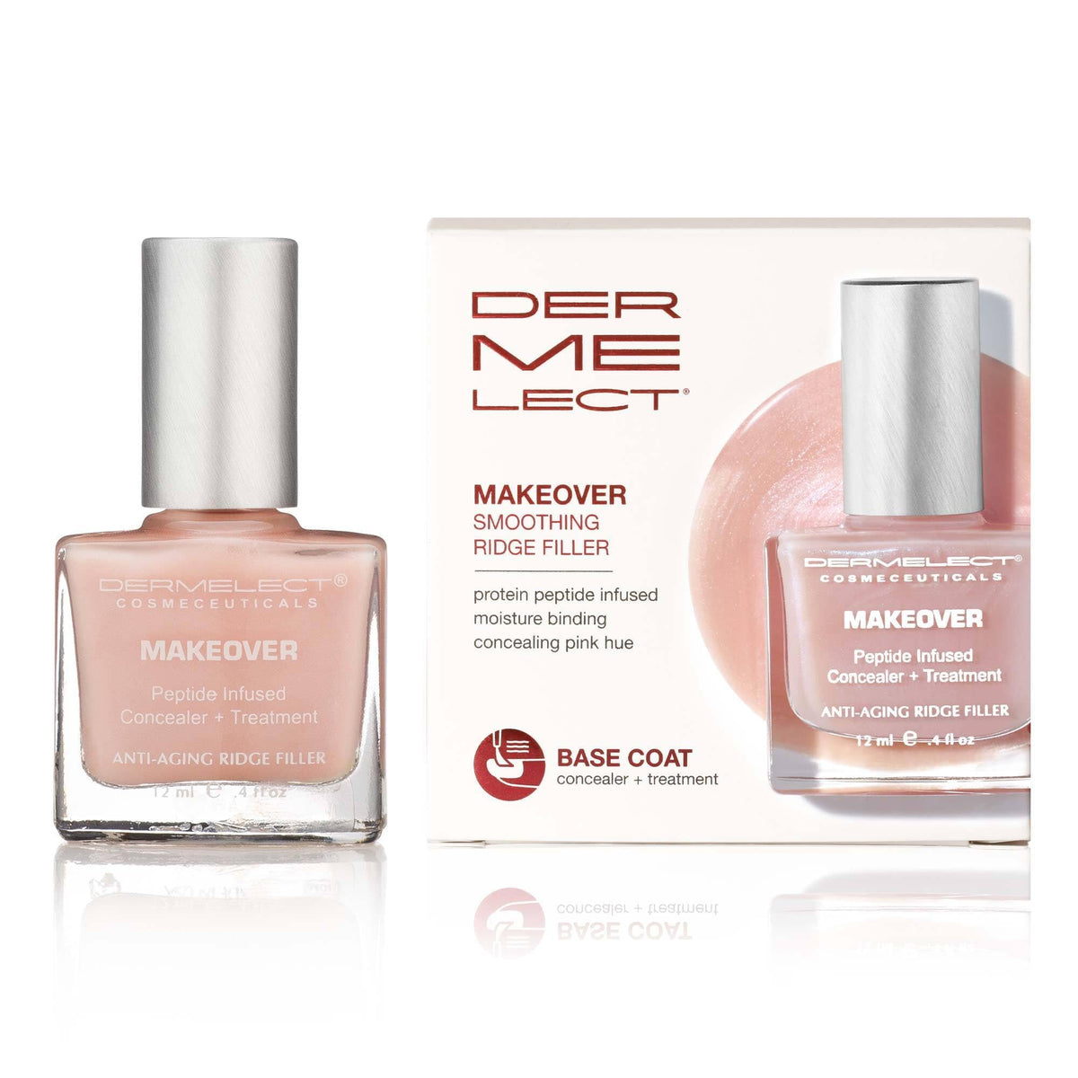 Dermelect Makeover Ridge Filler en aplicación suave para uñas lisas y uniformes.