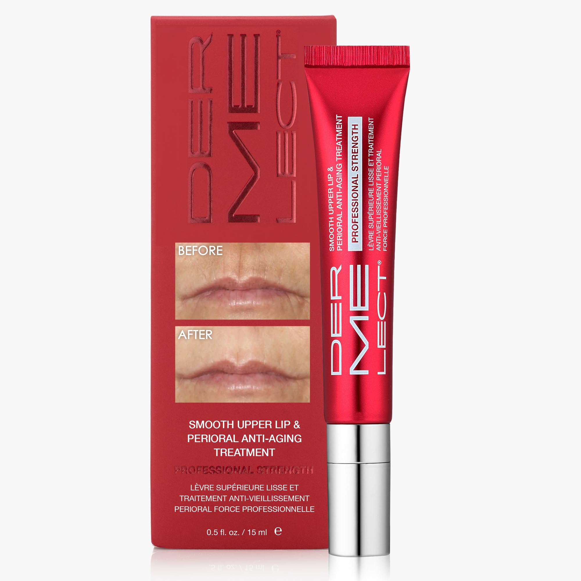 Dermelect Smooth Upper Lip bottle with precise applicator for targeted lip care.