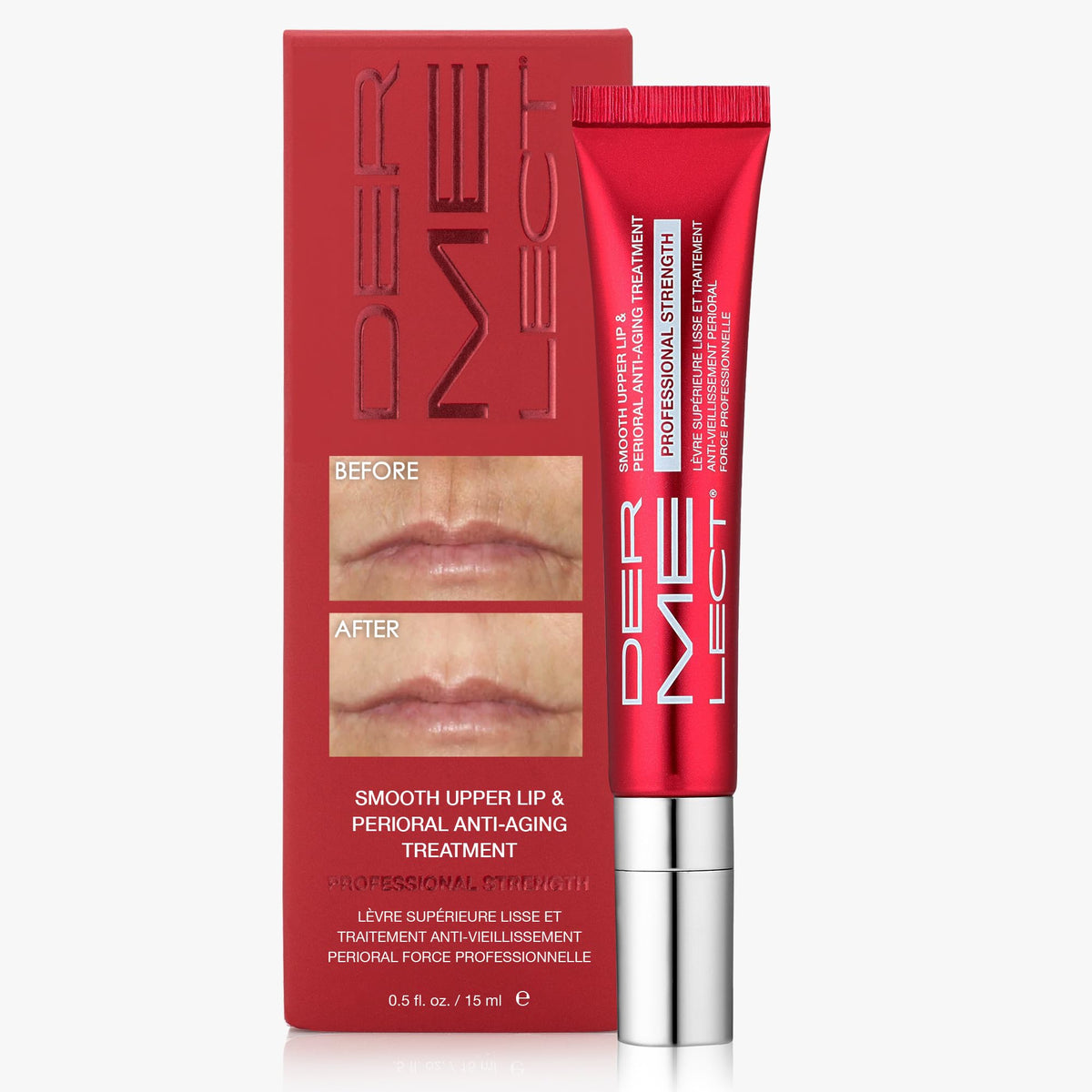 Dermelect Smooth Upper Lip bottle with precise applicator for targeted lip care.