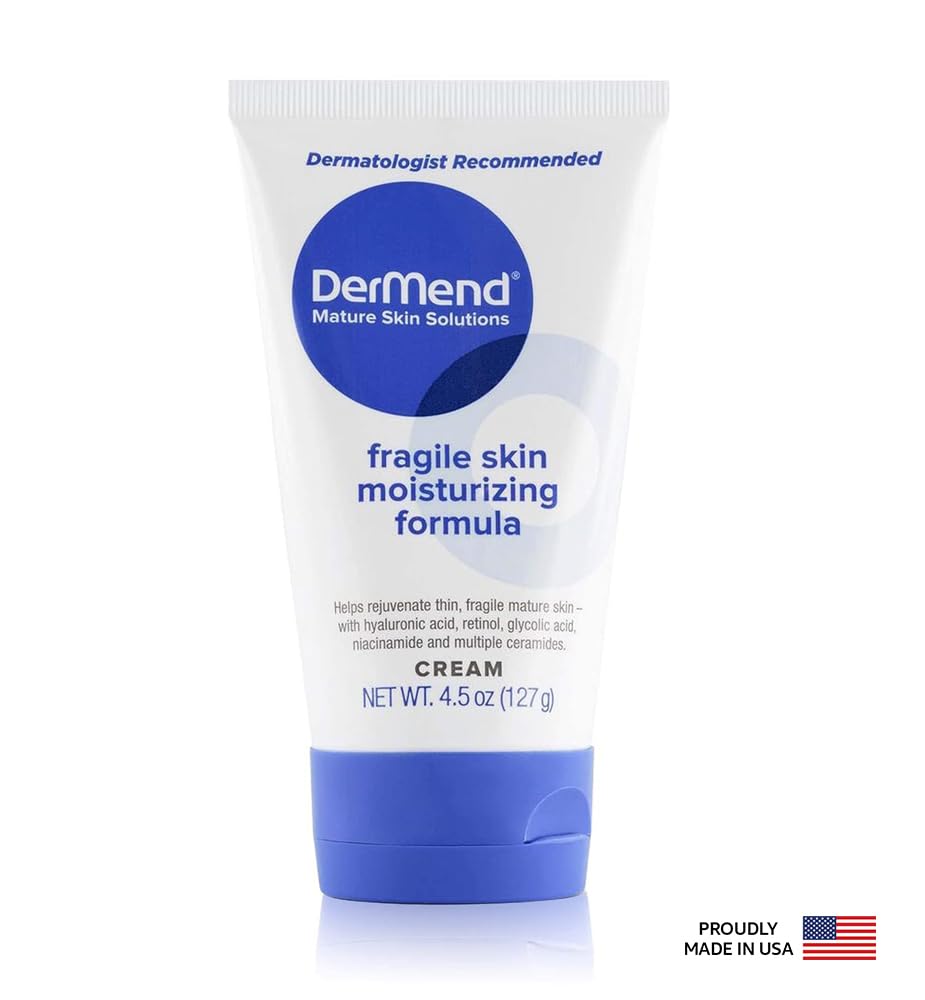 Dermend bottle close-up shows barrier-supporting formula for thinning skin.