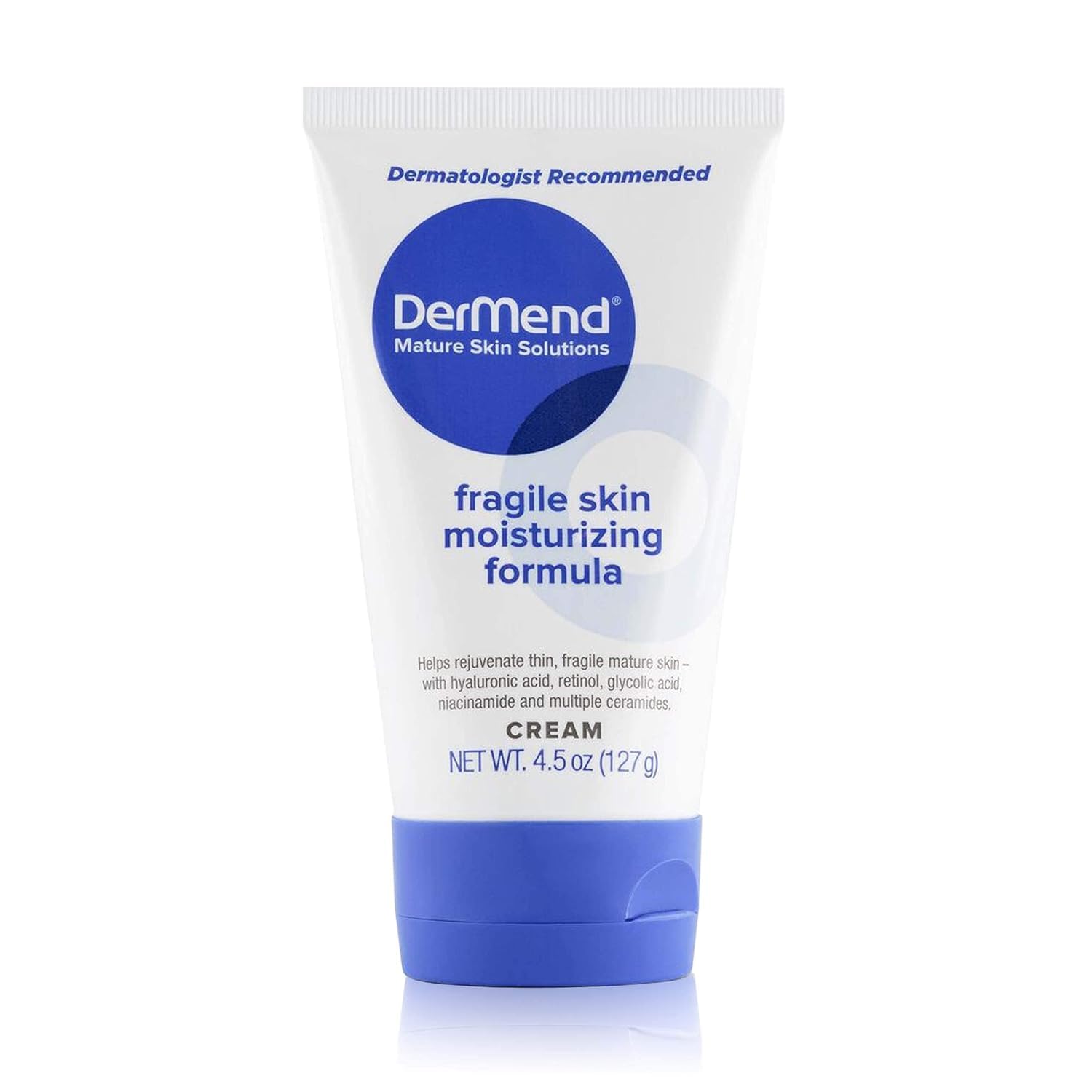 Dermend specialized fragile skin moisturizing cream tube provides soothing, protective hydration.
