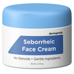 Dermgentle seborrheic dermatitis face cream bottle shows gentle, steroid-free skincare.