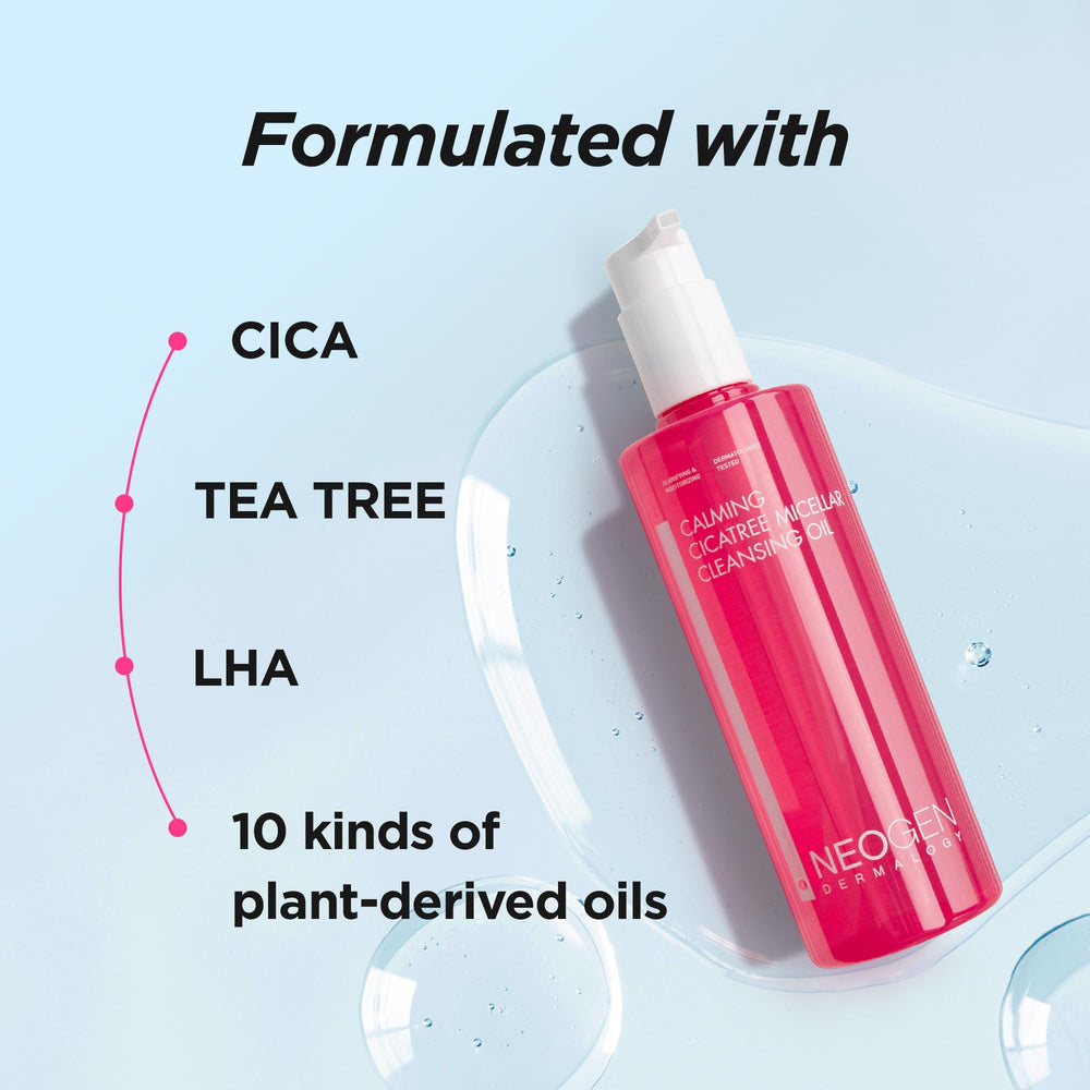 DERMALOGY Calming Cleansing Oil label closeup highlights gentle, Korean skincare.