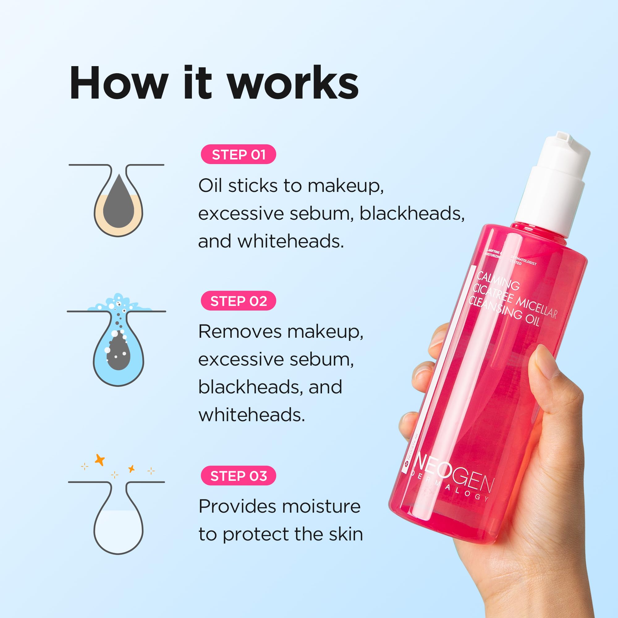 DERMALOGY Calming Cleansing Oil pump bottle closeup for easy dispensing.
