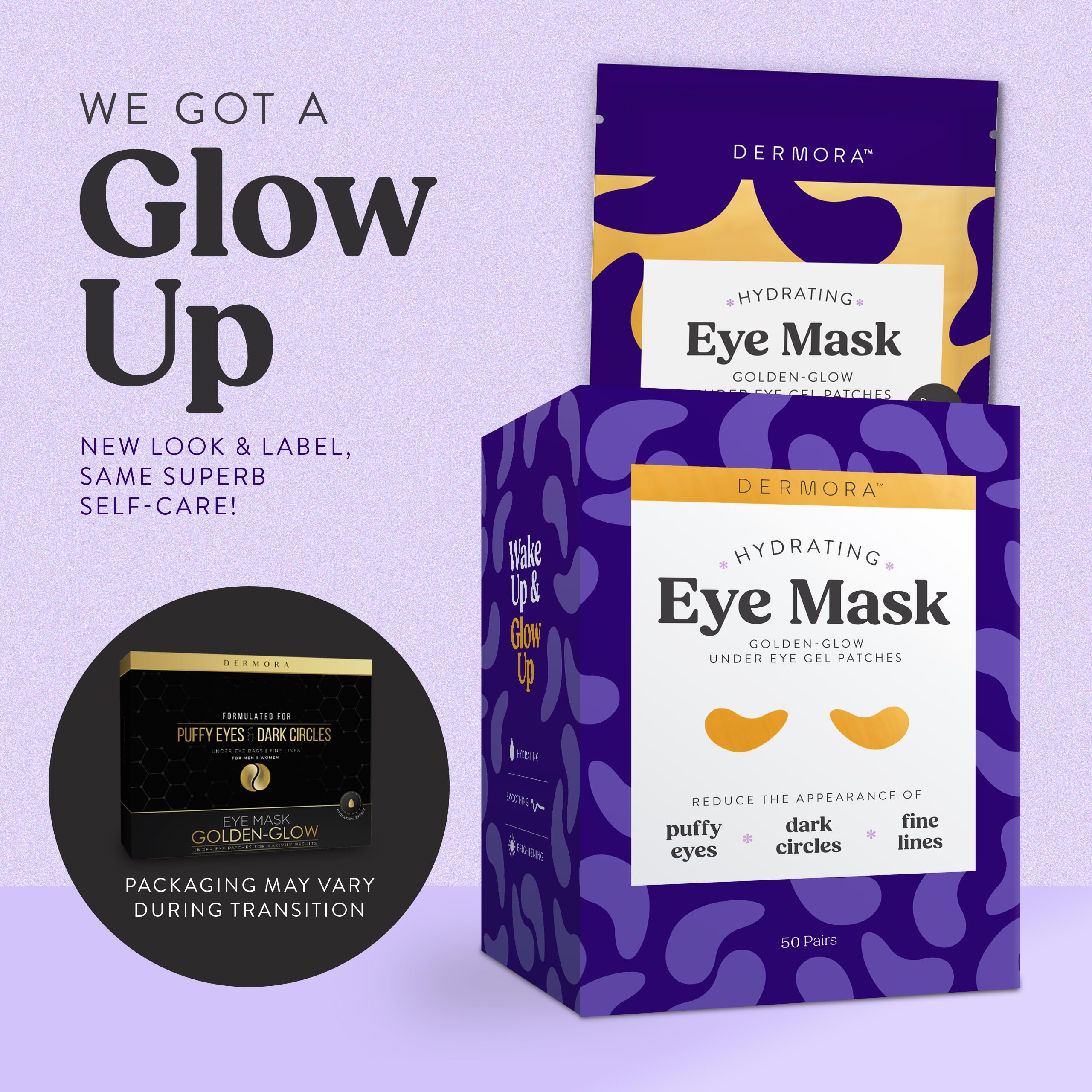 DERMORA Golden Glow eye patches on eyes delivering a brighter, awake look