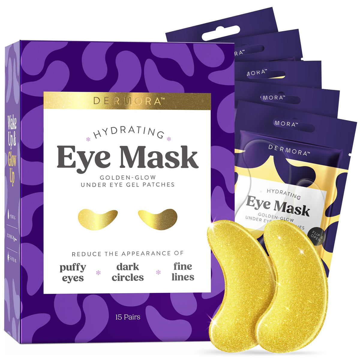 DERMORA Golden Glow parches ojos, empaque compacto para viaje y uso práctico.