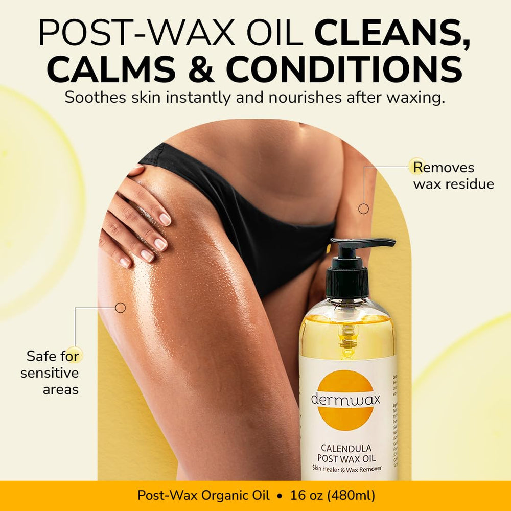 Dermwax kit application sequence illustrating simple waxing prep and aftercare steps