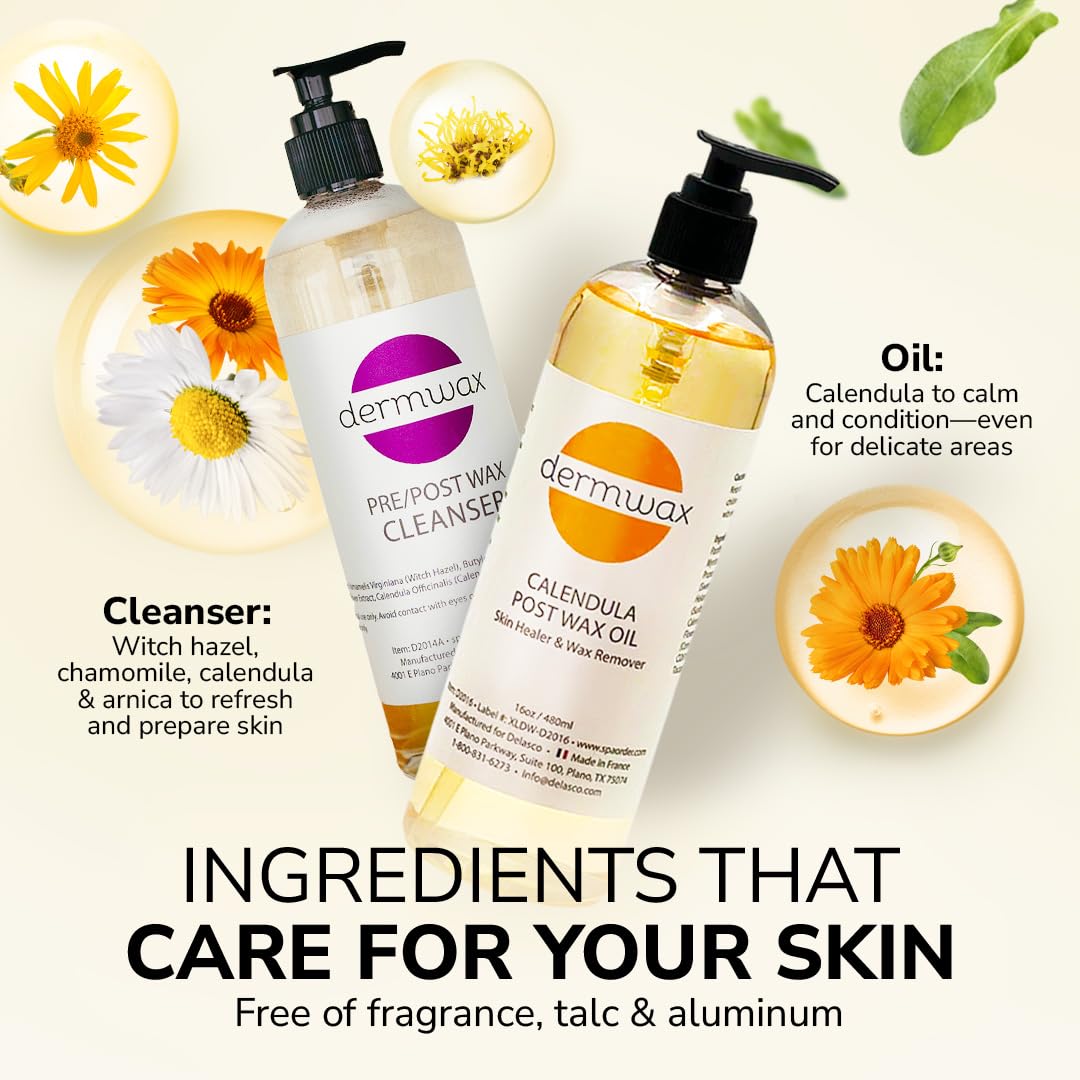 Dermwax label highlights paraben-free, fragrance-free formulas for gentle skin care