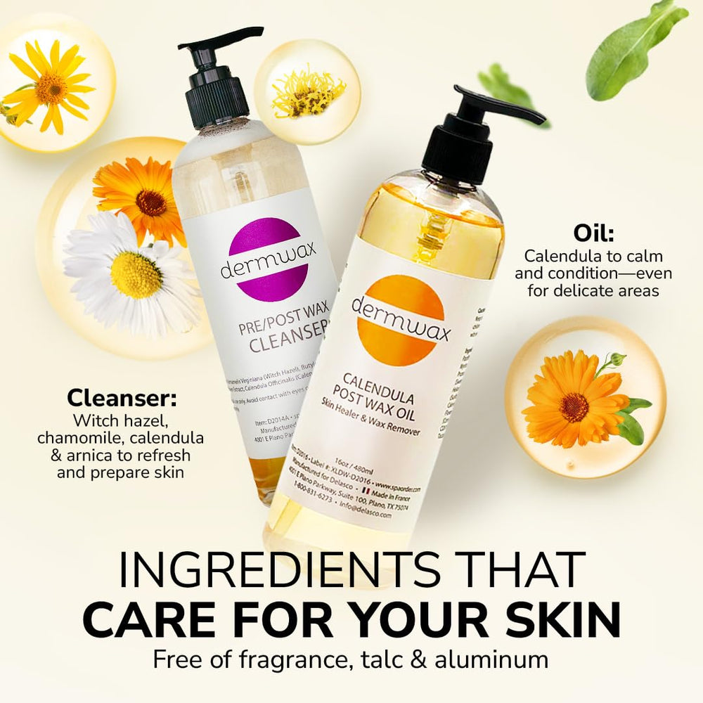 Dermwax label highlights paraben-free, fragrance-free formulas for gentle skin care