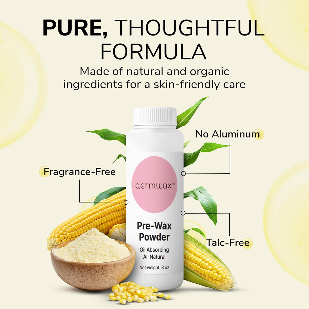 Dermwax powder with corn starch aids gentle skin prep before waxing.