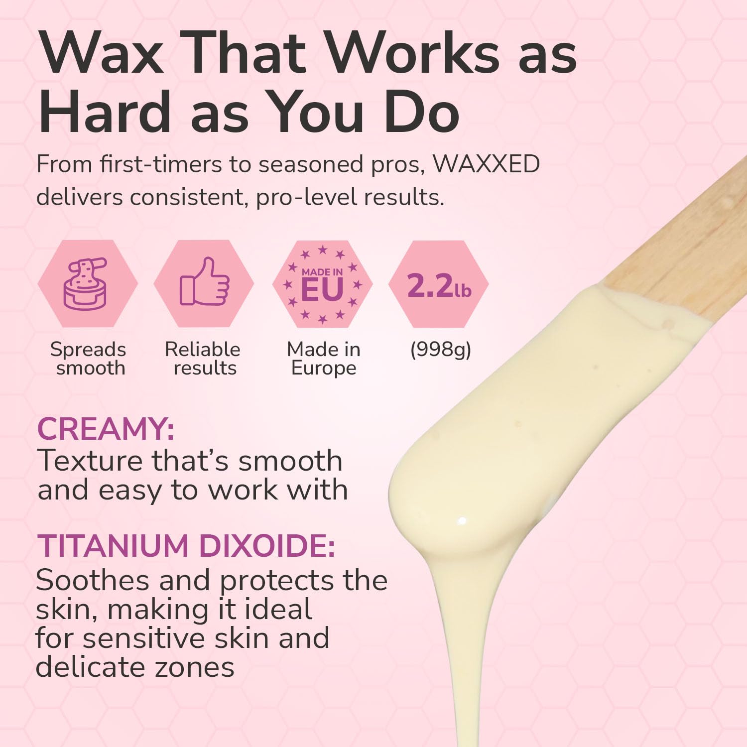 Dermwax WAXXED cream wax beads close-up shows creamy texture for even application.