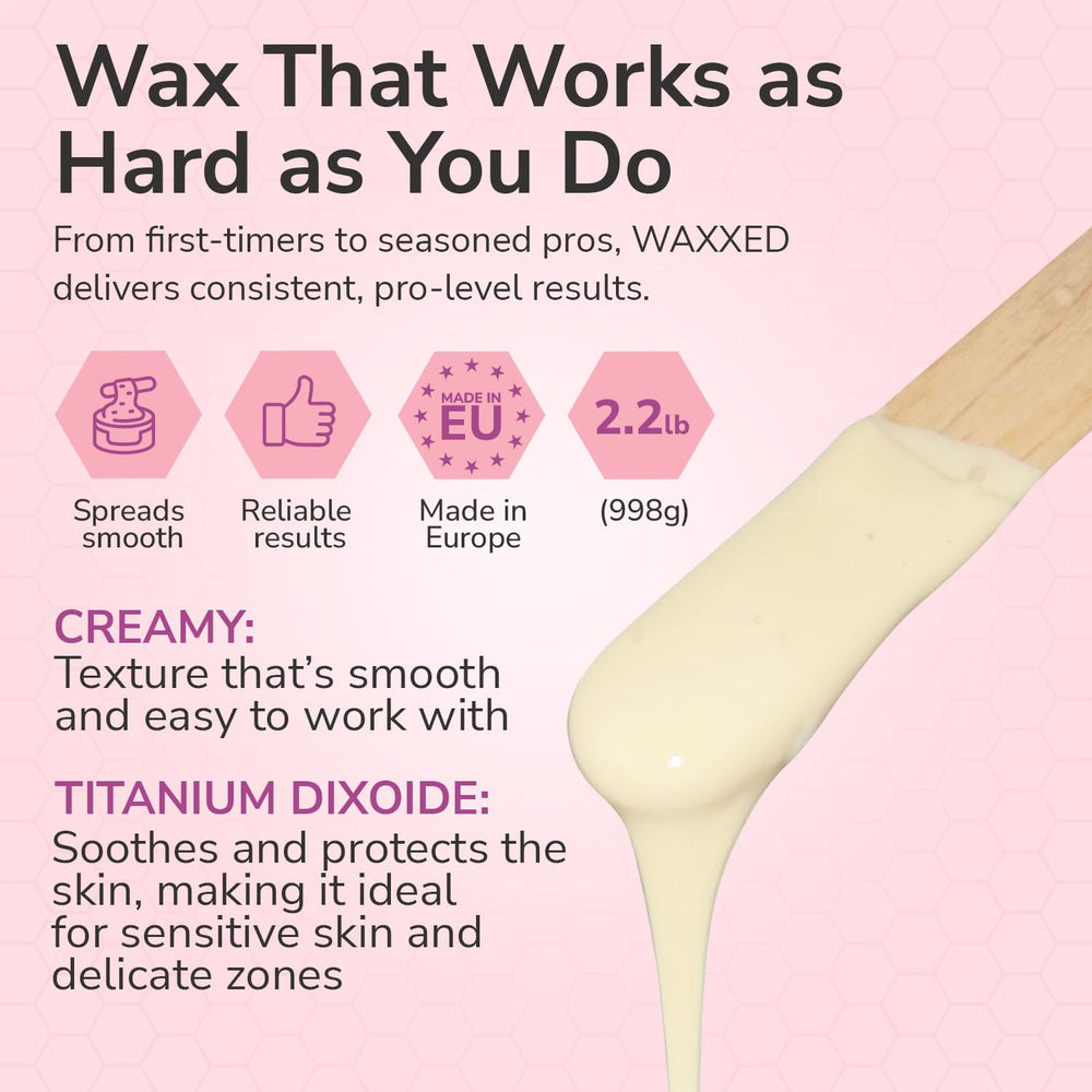 Dermwax WAXXED cream wax beads close-up shows creamy texture for even application.