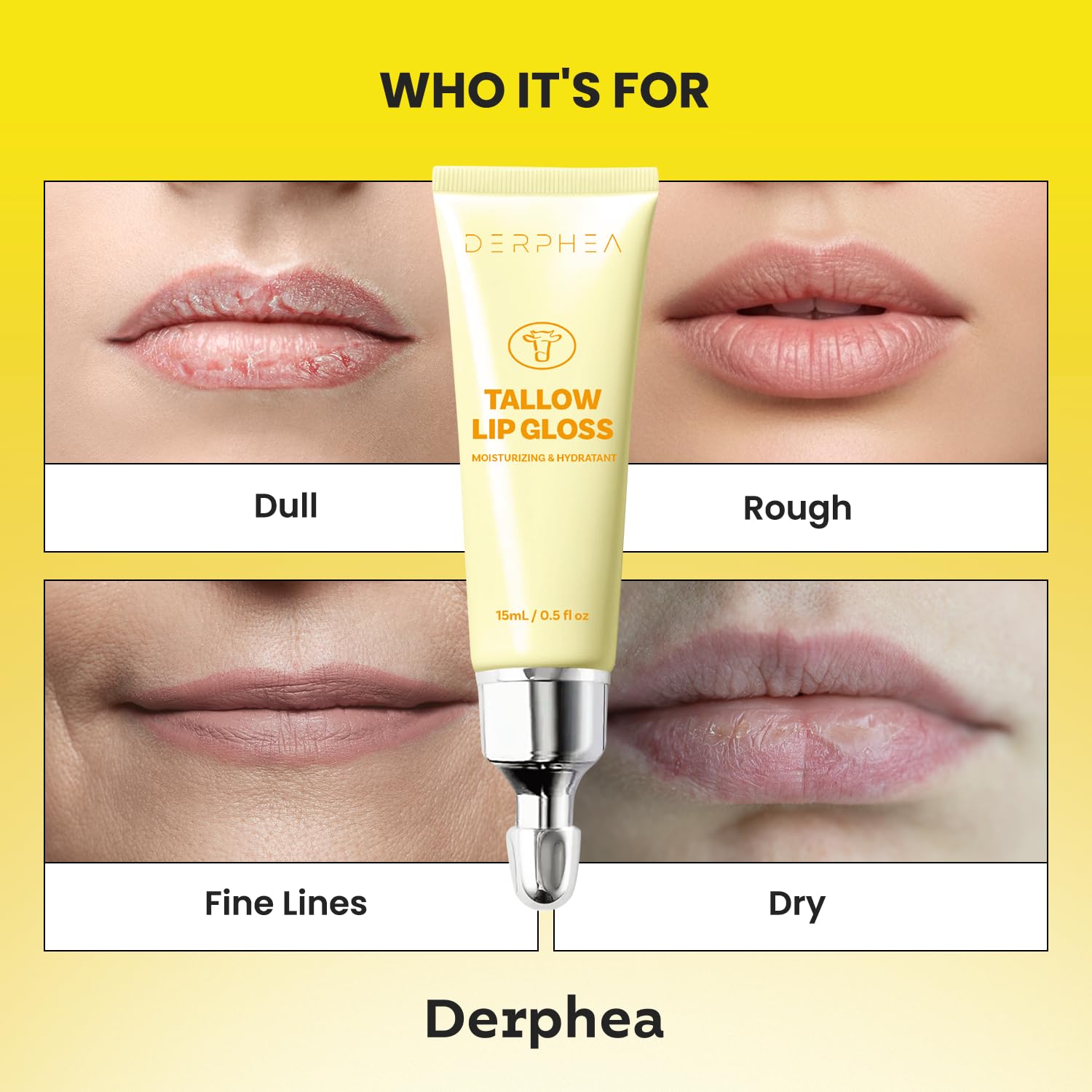 DERPHEA bálsamo labial, acabado de brillo natural y textura no pegajosa.
