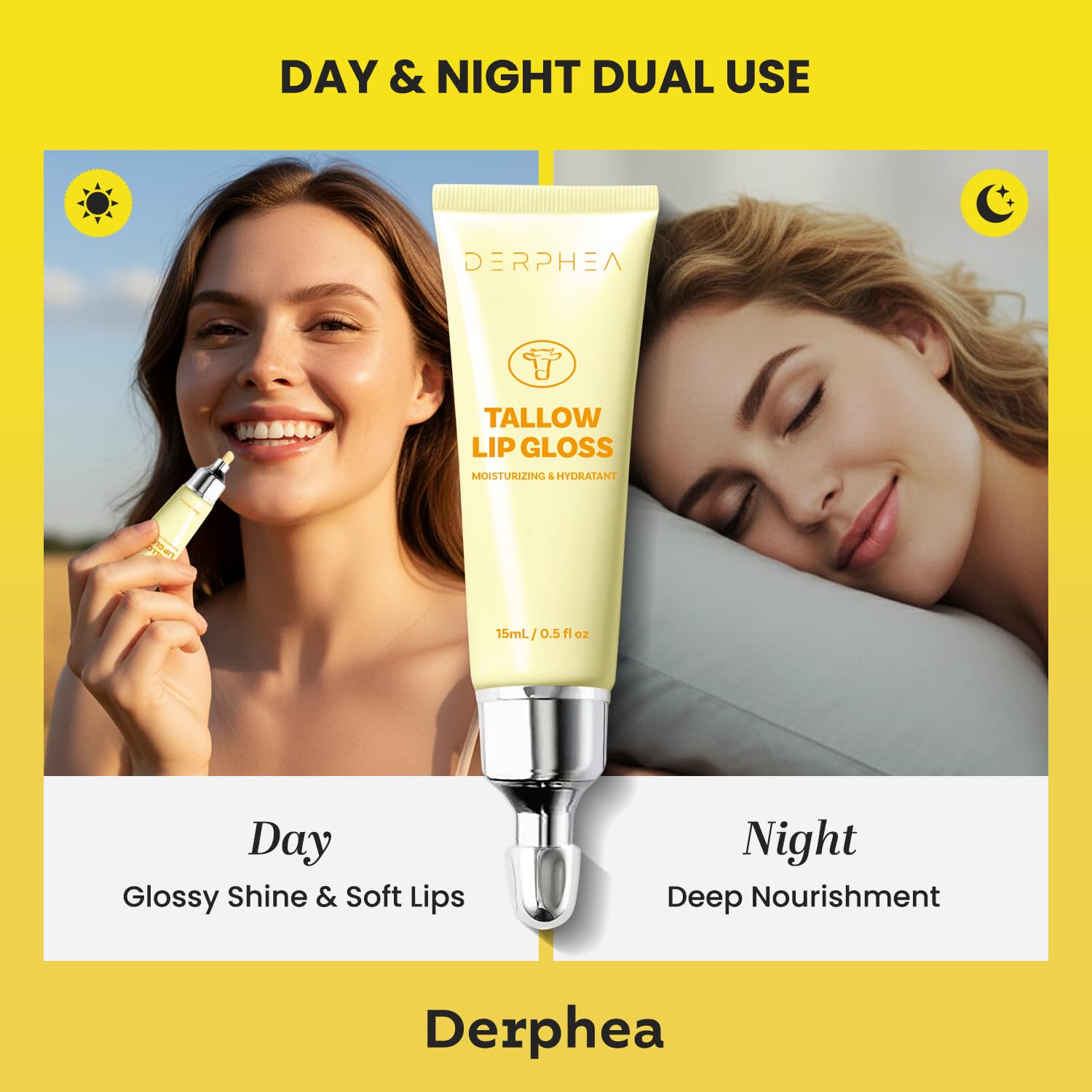 DERPHEA bálsamo labial de sebo de res orgánico, envase-dos-tubos-15ml, textura suave y brillo natural.