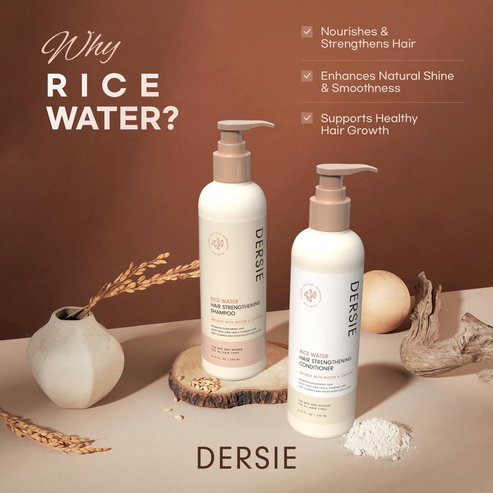 Dersie rice water conditioner bottle delivering silky, manageable hair.
