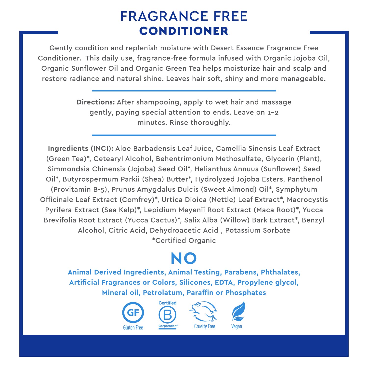 Desert Essence acondicionador sin fragancia, textura ligera que deja el cabello manejable