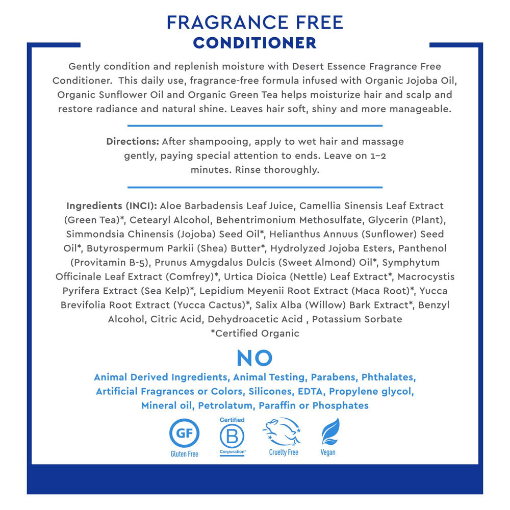 Desert Essence acondicionador sin fragancia, textura ligera que deja el cabello manejable