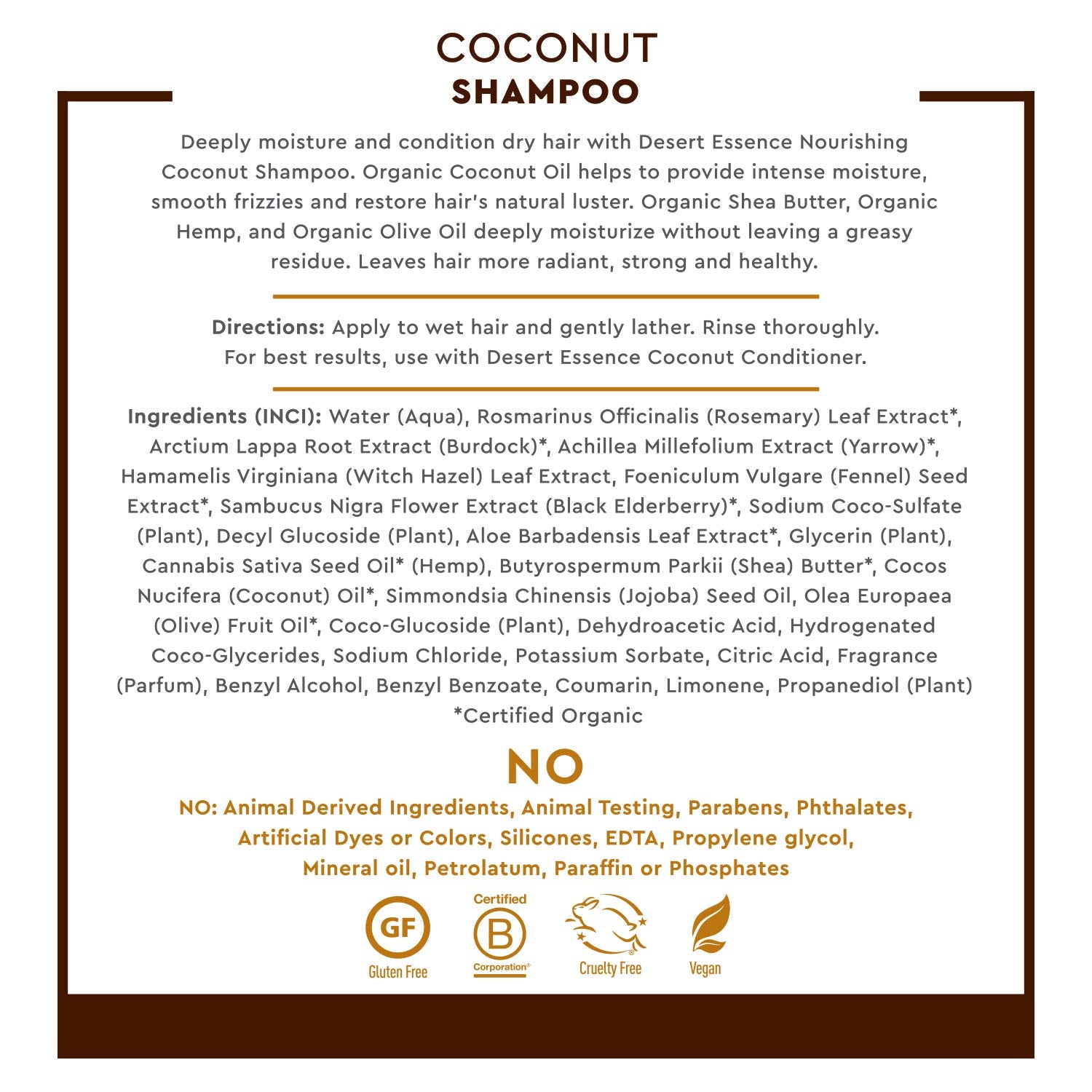 Desert Essence Champú Coco con aceite de cáñamo orgánico nutre cabello