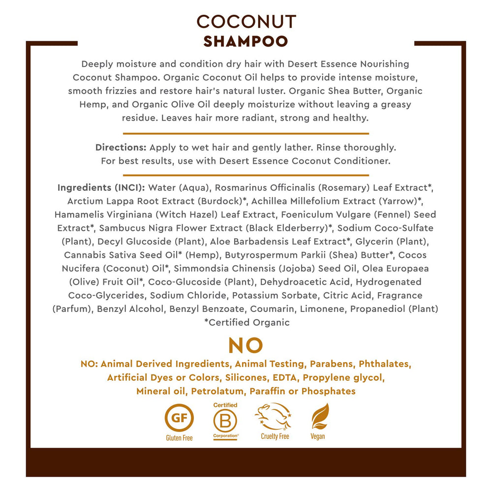 Desert Essence Champú Coco con aceite de cáñamo orgánico nutre cabello