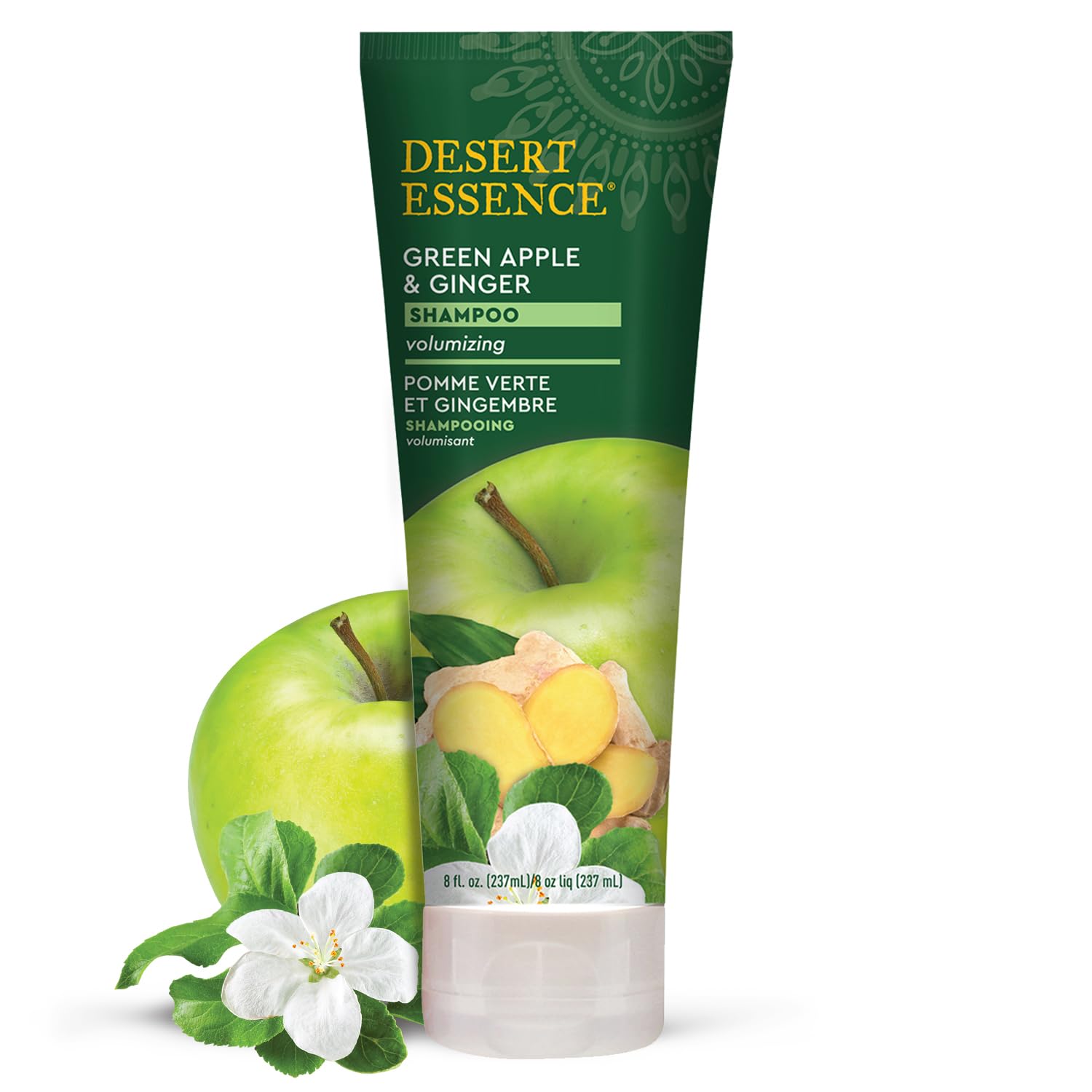 Desert Essence champú engrosante, botella visible, aroma a manzana verde y jengibre para cabello con cuerpo.