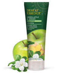 Desert Essence champú engrosante, botella visible, aroma a manzana verde y jengibre para cabello con cuerpo.