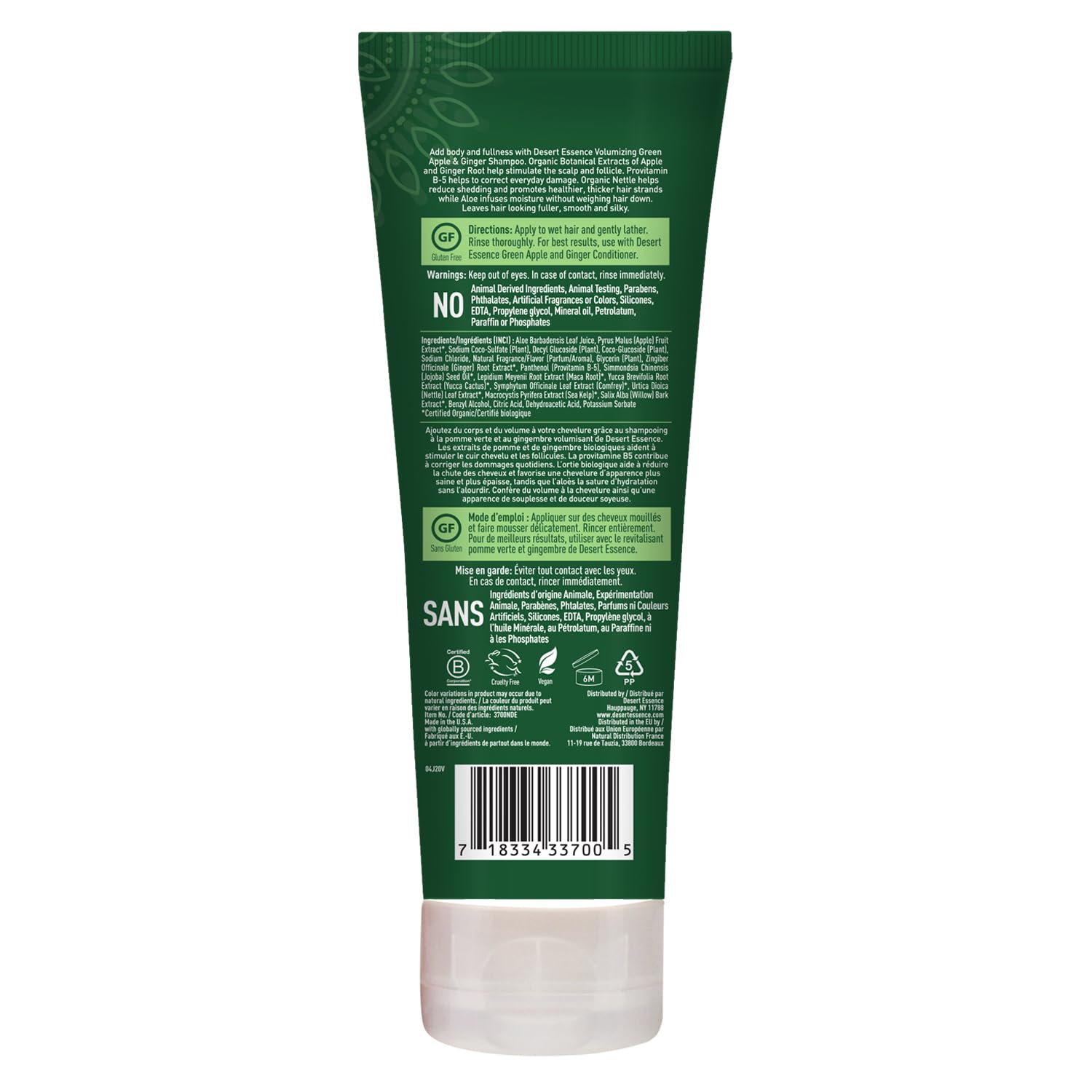 Desert Essence champú engrosante, raíz de jengibre visible para estimulación suave.