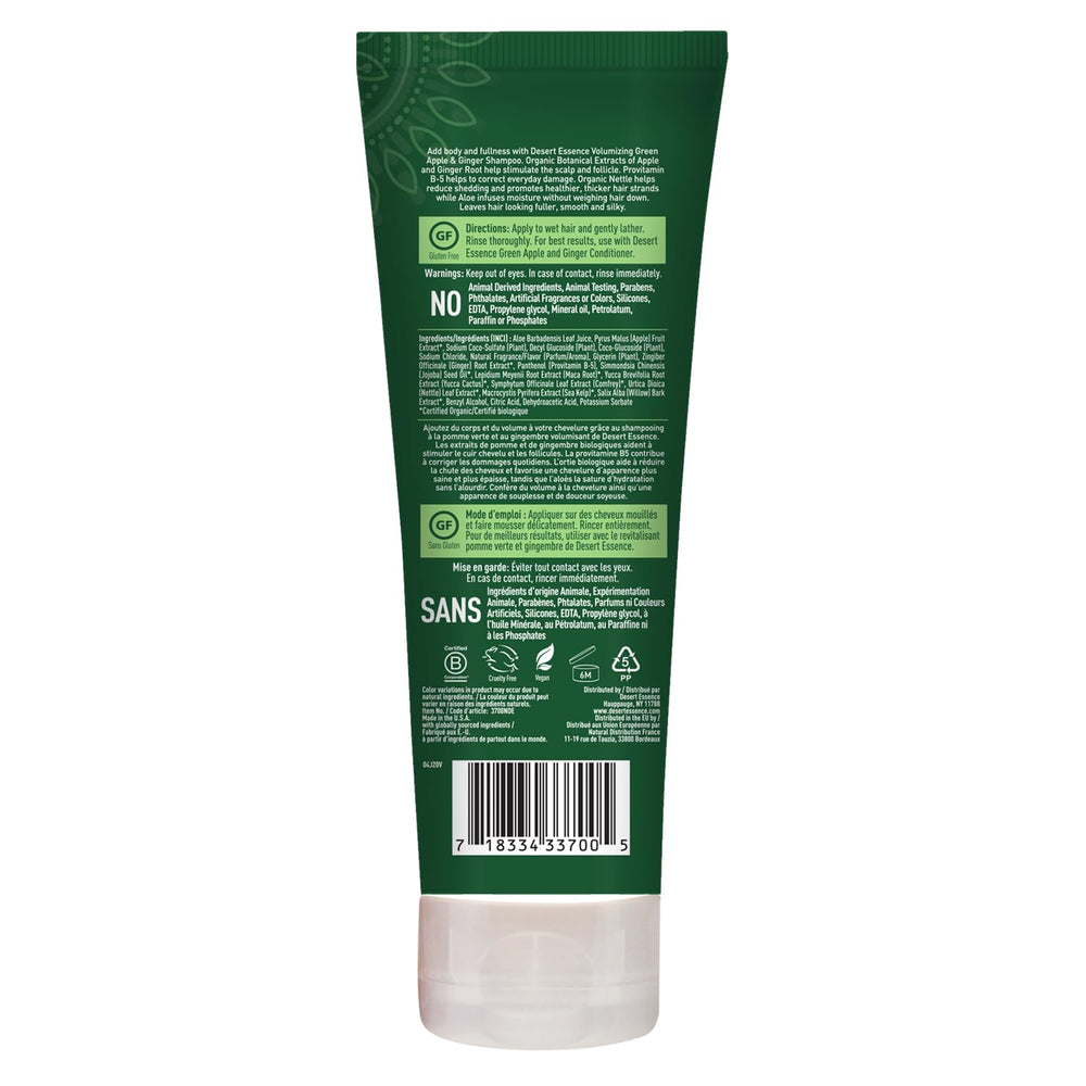 Desert Essence champú engrosante, raíz de jengibre visible para estimulación suave.