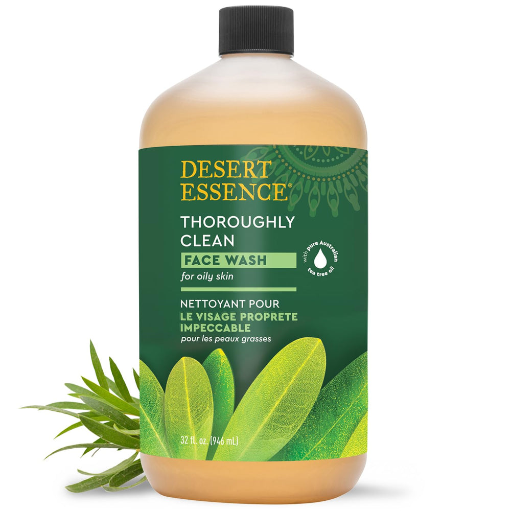 Desert Essence limpiador facial árbol de té en botella, purifica poros y deja sensación fresca.