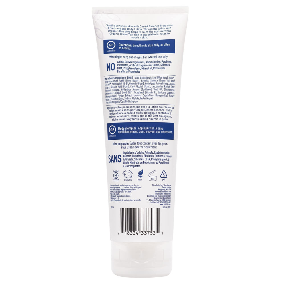 Aplicación diaria de Desert Essence con aloe vera para piel sensible.