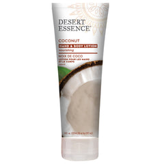 Desert Essence Loción manos coco, botella frontal para hidratación diaria.