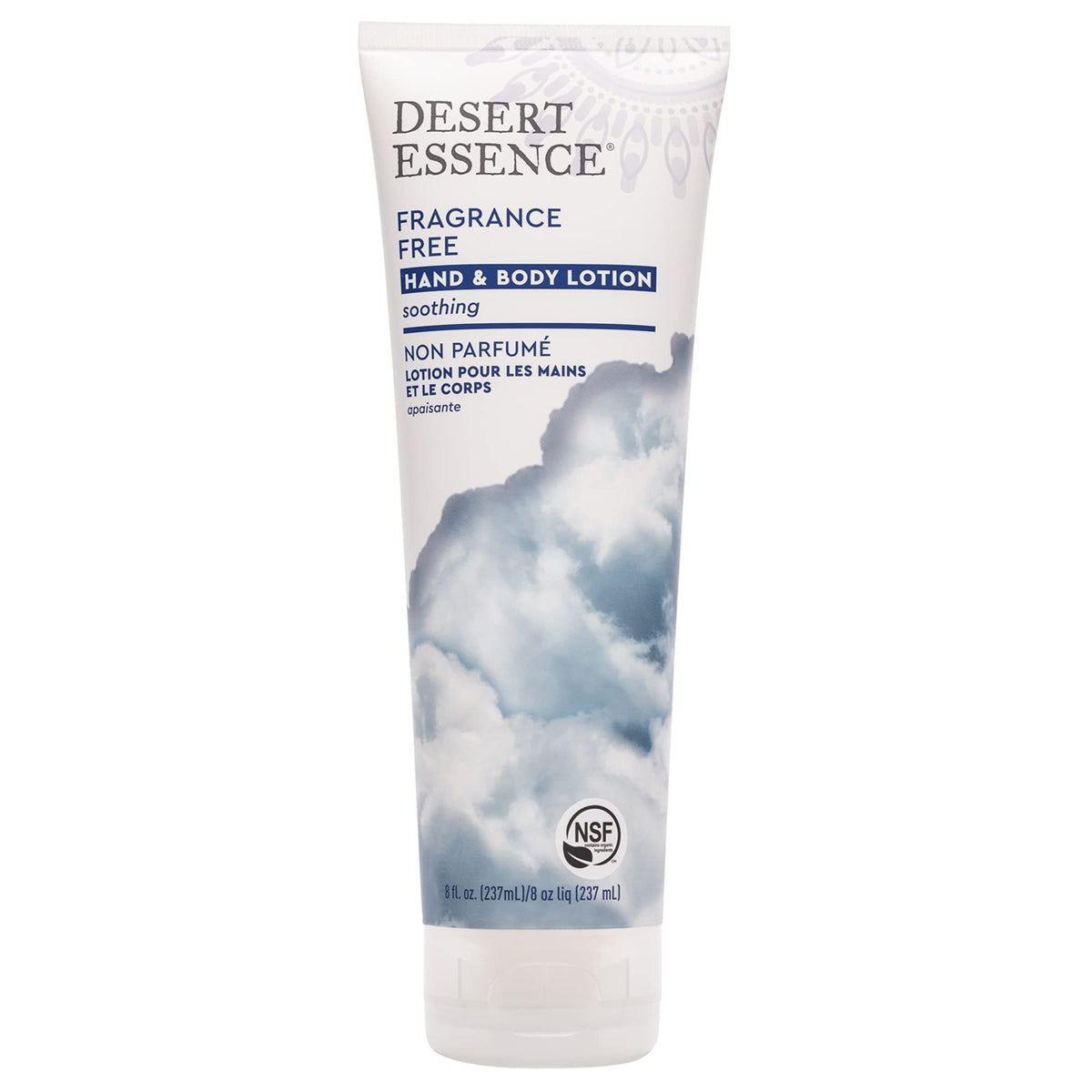 Desert Essence loción sin fragancia, bote 8oz, piel suave y cómoda.