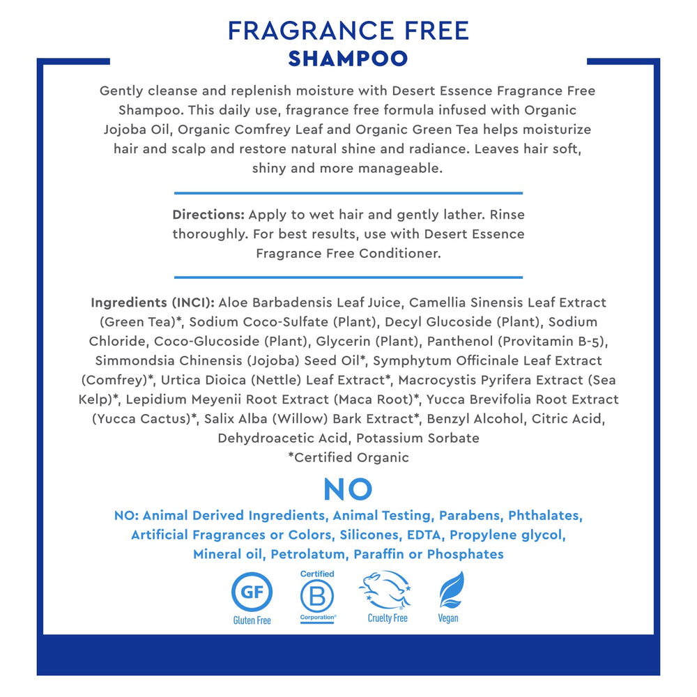 Desert Essence Shampoo sin fragancia: hojas de té verde como ingrediente clave