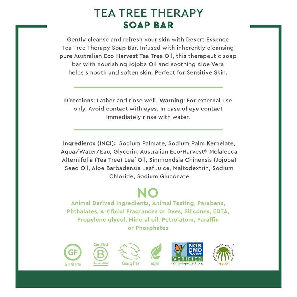 Desert Essence Tea Tree Therapy Cleansing Soap Bar vegan cruelty-free status