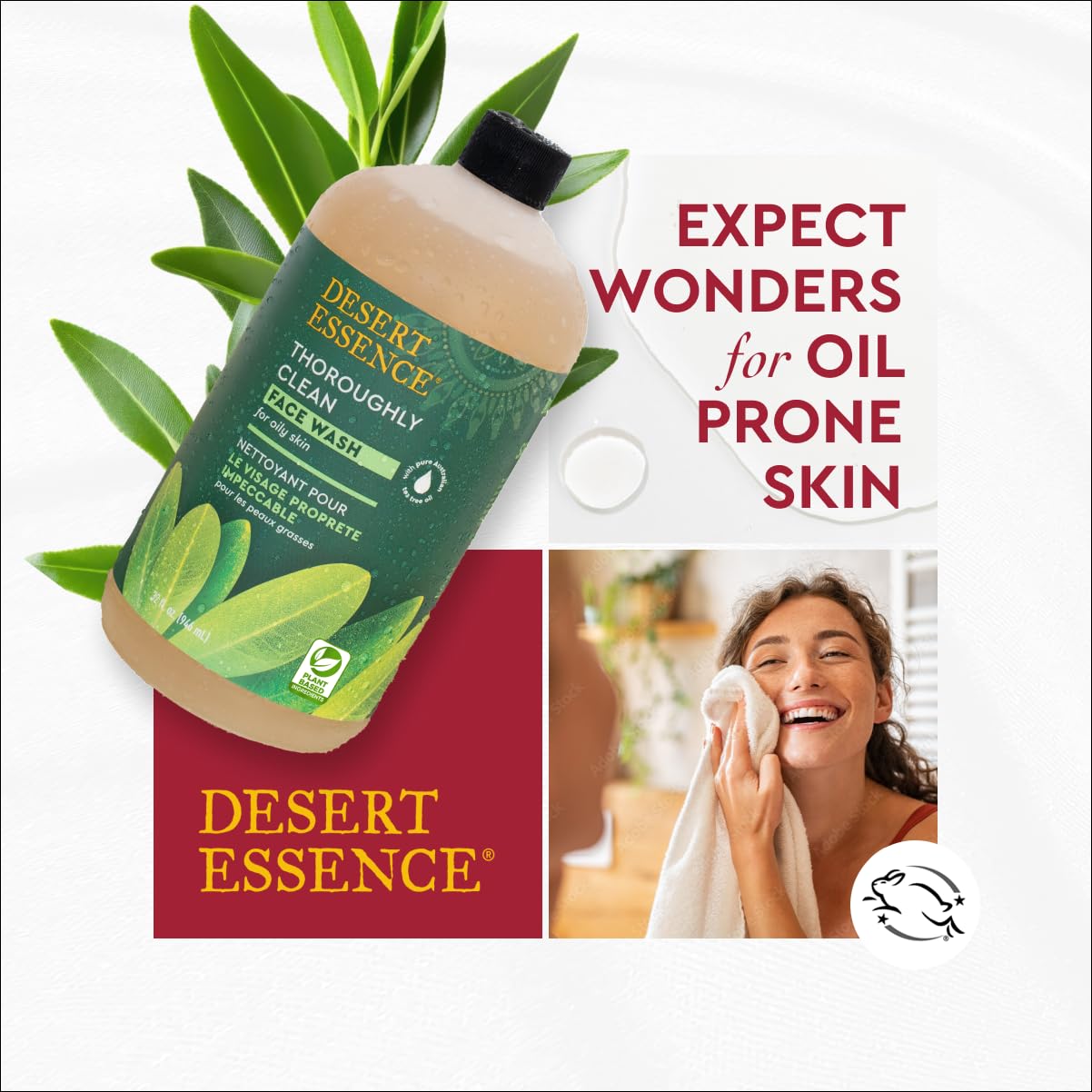 Desert Essence botella de 250 ml, uso diario recomendado para piel grasa.