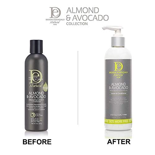 Design Essentials Almond Avocado Leave-In Cruelty-Free Label signals ethical, fragrance-free formula.