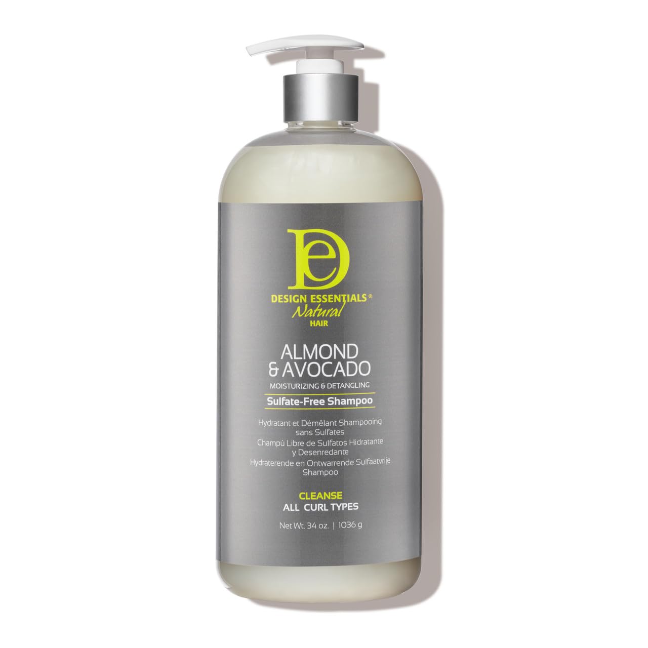 Design Essentials Almond Avocado Shampoo bottle showing hydrating cleanse for nourished curls.