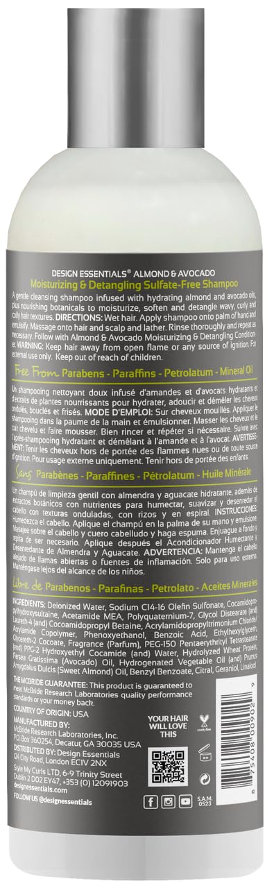 Design Essentials Almond Avocado Shampoo label highlights sulfate-free formula for gentle cleansing.