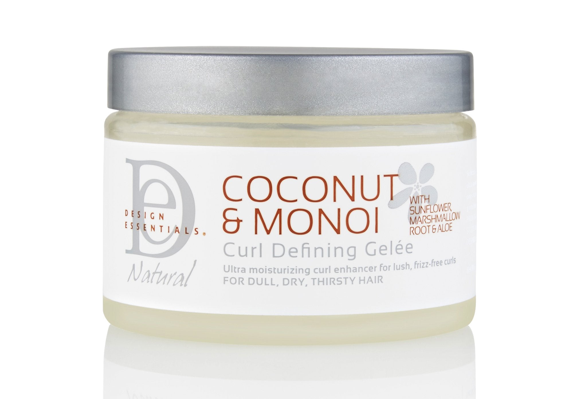 Design Essentials coconut monoi curl-defining gel bottle for defined, frizz-free curls.